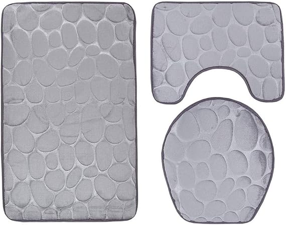 Xlgx Tapis De Bain 3 Pièces Antidérapant Ensemble Salle De Bain Tapis Contour Wc Couvre Couverture De Toilette Siège Motif Coquille Cailloux Gris