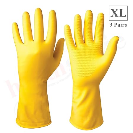 Healthgenie Flocklined Latex Cleaning Reusable Hand Glove (Extra Large, Yellow, 3 Pairs)