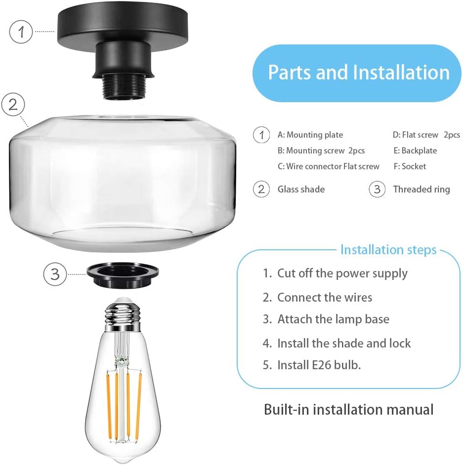 Industrial Semi Flush Mount Ceiling Light, Farmhouse Light Fixture with E26 Base Clear Glass Pendant Lamp Shade, Ceiling Light Fixture for Hallway, Entry, Porch, Kitchen, Bedroom, Dining Room, Bar - - 