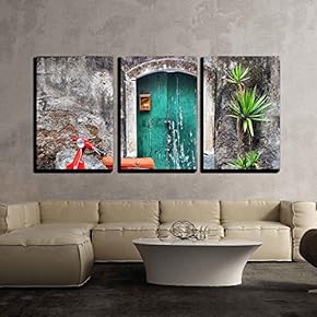 3 Piece Canvas Wall Art - Photo of Red Scooter Near Green Door and Palm - Modern Home Art Stretched and Framed Ready to Hang - 16"x24"x3 Panels
