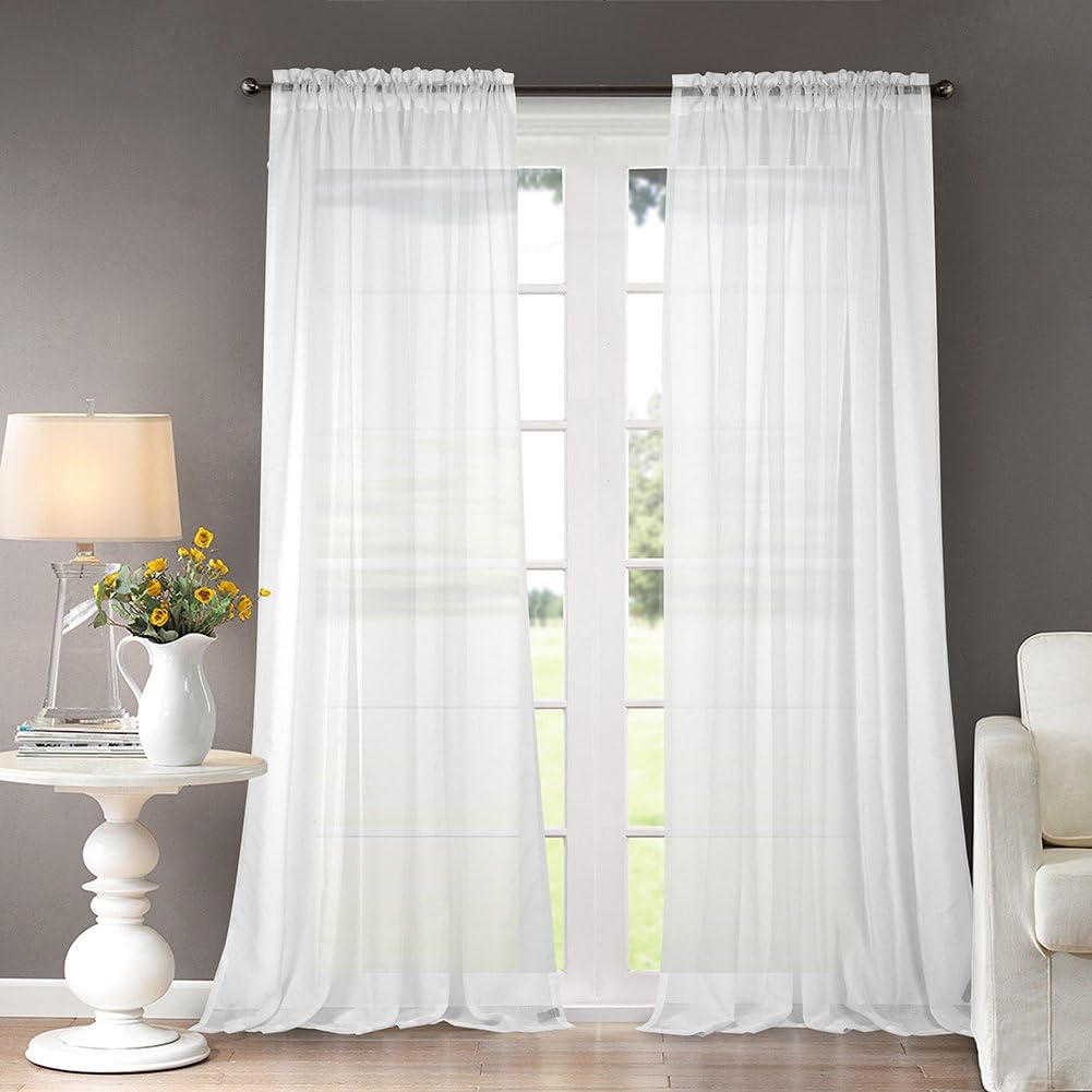 Dreaming Casa Solid Sheer Curtains White Rod Pocket Voile Draperies 96 Inches Long for Living Room 42" W x 96" L 2 Panels
