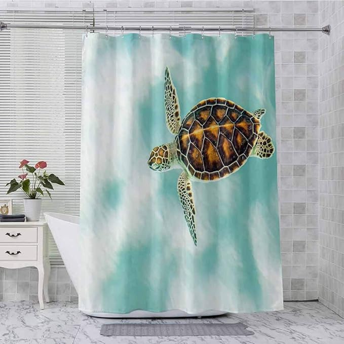 Shower Curtains, Cute Baby Turtle Swimming in Abstract Waters Serene