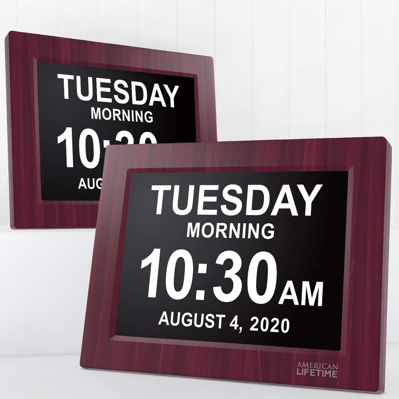 American Lifetime, Newest Version, Day Clock Extra Large Impaired Vision Digital Clock with Battery Backup and 5 Alarm Options Great Gift Ideas, 2 Pack Mahogany