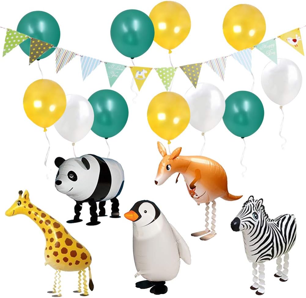 ETLEE Jungle Safari Party Supplies - Walking Animal Balloons & Multicolor Triangle Flag Banner & Latex Balloons for Zoo Theme Kids Birthday Party Decorations