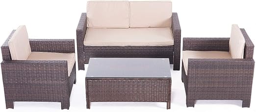 Amazon Com Ufi 4pcs Patio Furniture Sets All Weather Indoor Outdoor Sofa Set Conversation Set Rattan Wicker Sofa With Cushion And Cafe Table Garden Yard Poolside Balcony Rta Furniture Brown Kitchen Dining