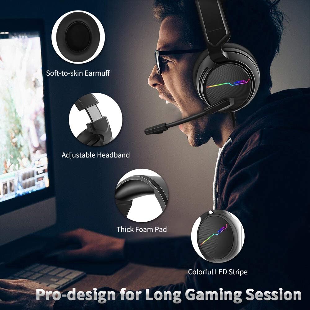 Jeecoo USB Pro Gaming Headset for PC- 7.1 Surround Sound Headphones with Noise Cancelling Mic- Memory Foam Ear Pads RGB Lights for Laptops: Home Audio & Theater