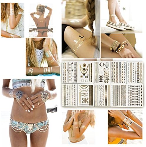 BeneU Metallic Temporary Tattoos, 10 Sheets Flash Jewelry Tattoos Glitter Shimmer Designs for Women Teens Girls - Gold, Silver, Black