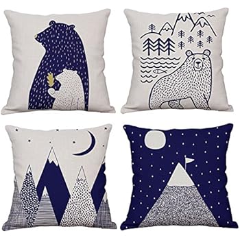 KACOPOL Woodland Style Cute Cartoon Bear & Mountain Throw Pillow Cover Cotton Linen Rustic Nursery Home Decor Pillow Case Cushion Cover for Kids Room 18 x 18 Inches (Mountain & Bear)