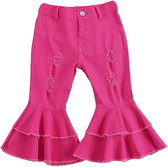 Toddler Baby Girl Flare Pants Solid Denim Bell Bottoms Ripped Double
