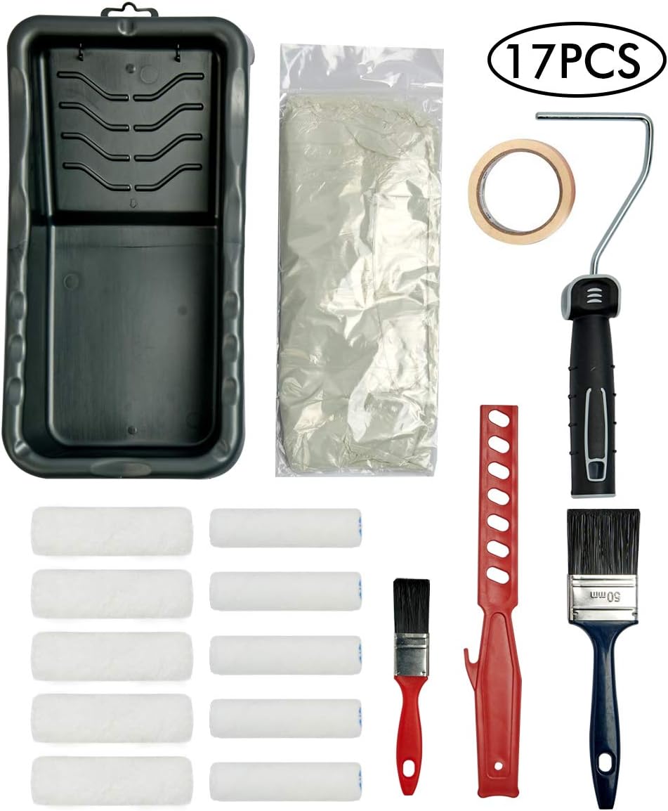 PILOT FISH Paint Roller Kit, 17 Pieces Paint Roller Set, Paint Roller and Tray, Small Roller Paint Brush, Home Painting Supplies, Interior Paint Brushes, Painting Tools for Indoor Painting