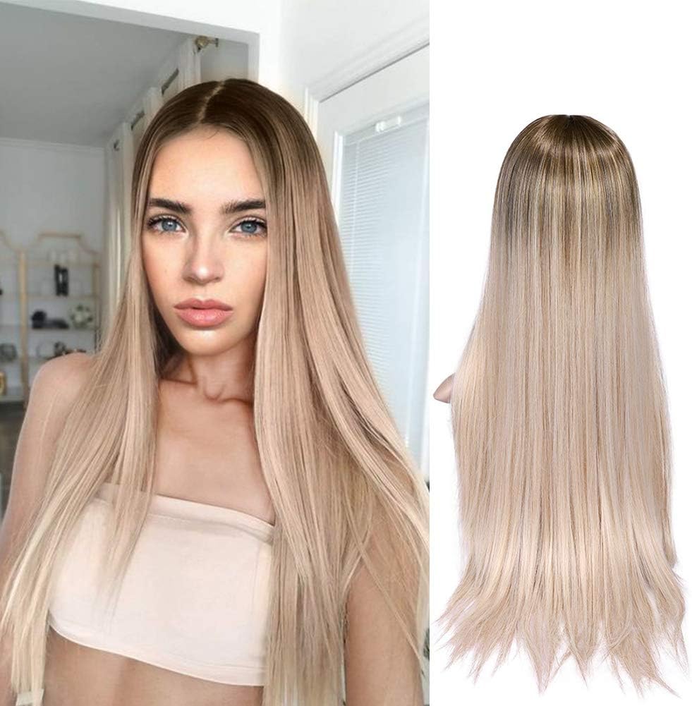 Lady Miranda Ombre Brown to Honey Wig Blonde High Density Heat Resistant Synthetic Hair Weave Full Wigs for Women (24"T-Brown)