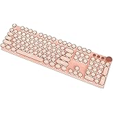 TISHLED Typewriter Style Mechanical Gaming Keyboard White LED Backlit 104-Key NKRO Pink Switches Retro Round Keycaps Golden R
