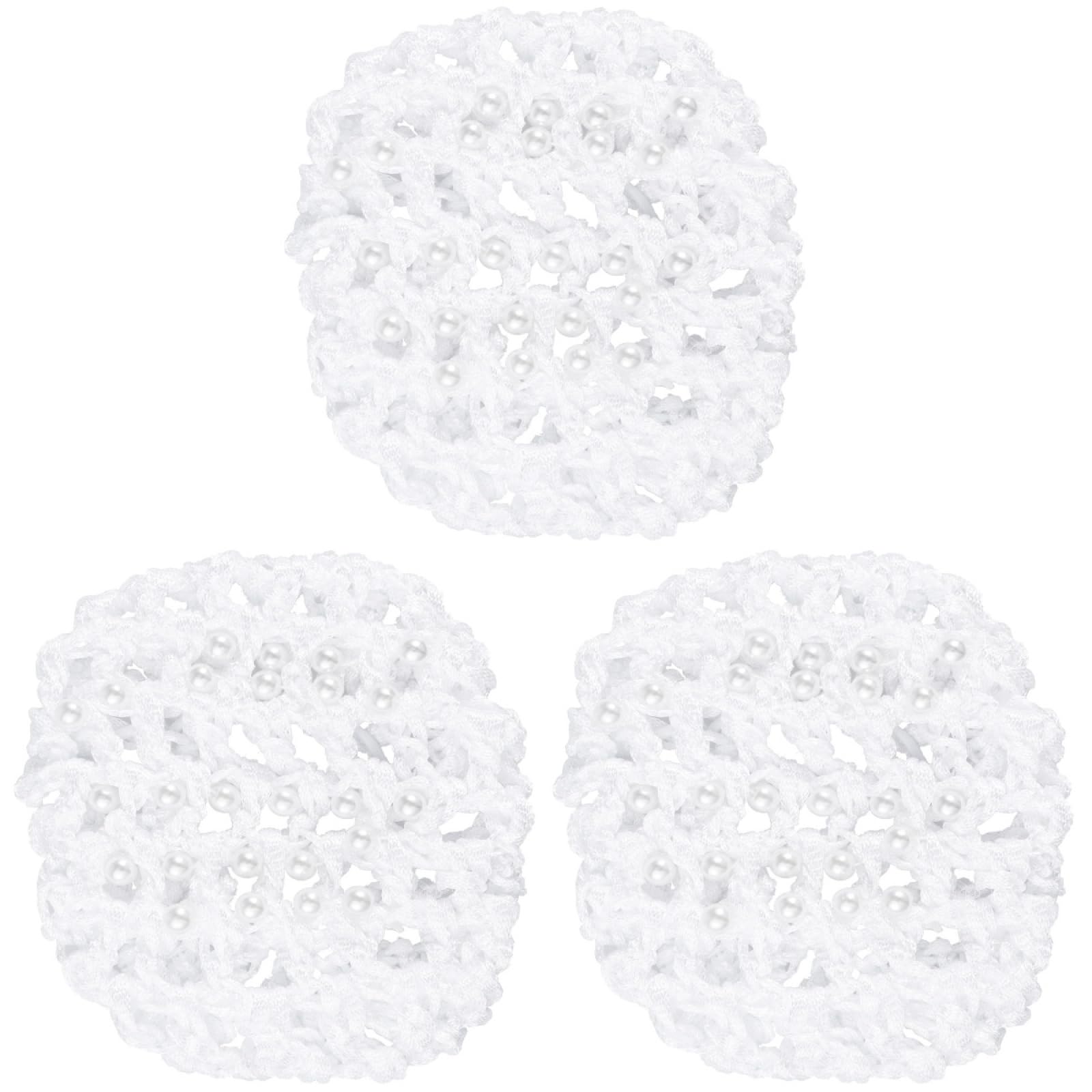 minkissy 3pcs Hand Knitted Elastic Hair Net with Pearl Decoration for Buns Headdress Accessories for Women White for Dance and Special Occasions