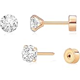 Threadless Flat Back Earrings, Hypoallergenic 14K Real Gold Plated CZ Stud Earrings | Cartilage Earring | Tragus Helix Piercing Jewelry | Push in Flatback Earrings for Women Men