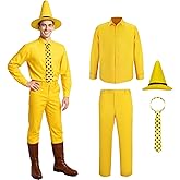 FOCUSOUL Adults Man Yellow Hat Costume Button Shirt Pants Tie Uniform Suit Set Halloween Party Cosplay Outfit