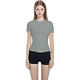 Women’s Slim Fitted Crew Neck T-Shirt Stretchy Cotton Y2K Short Sleeve Tees for Workout Basic Tees Going Out Tops