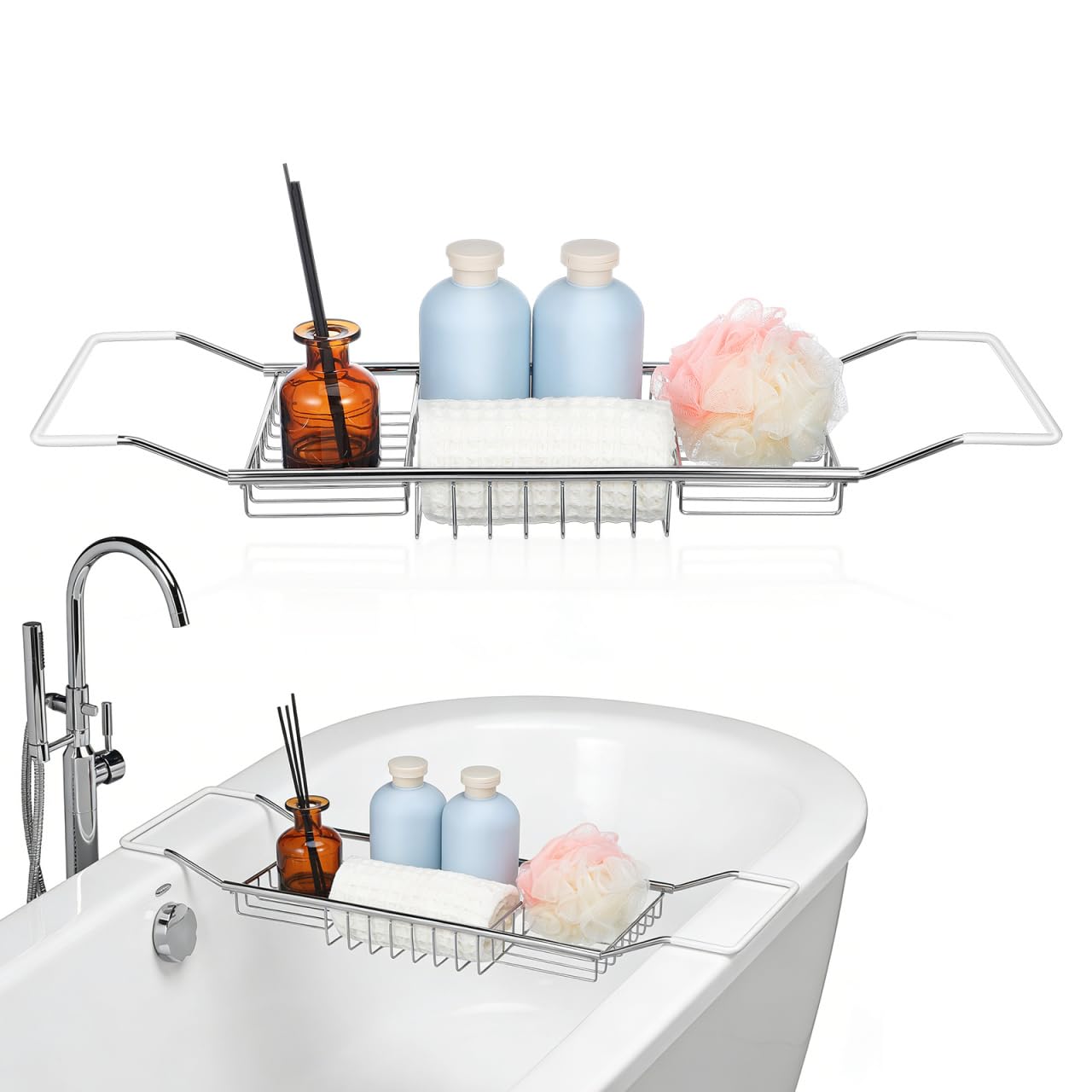 DOITOOL Adjustable Stainless Steel Bathtub Rack Expandable Bath Tray with Anti-Slip Holders for Books Phone and Wine Glass Bathroom Storage