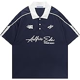 Aelfric Eden Mens Vintage Letter Polo Tee Oversized Button Collar Graphic Patchwork T Shirt Short Sleeve Summer Tops