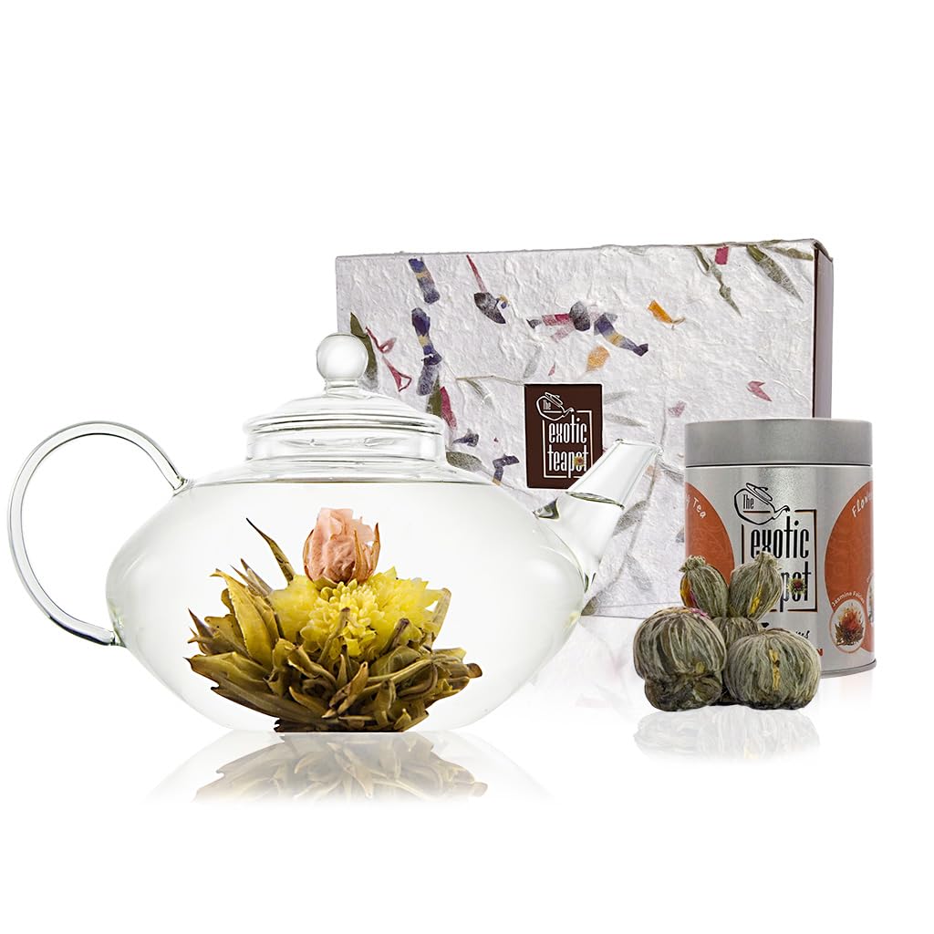 The Exotic Teapot - Prestige Flowering Tea Gift Set, Glass Teapot (800ml) with Infuser, Sampler Tin of 5 Blooming Teas, Handmade Gift Box