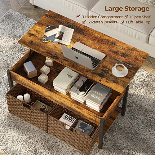 Rolanstar Coffee Table Lift Top with Hidden Storage Compartment and 2 Rattan Baskets, 41.7