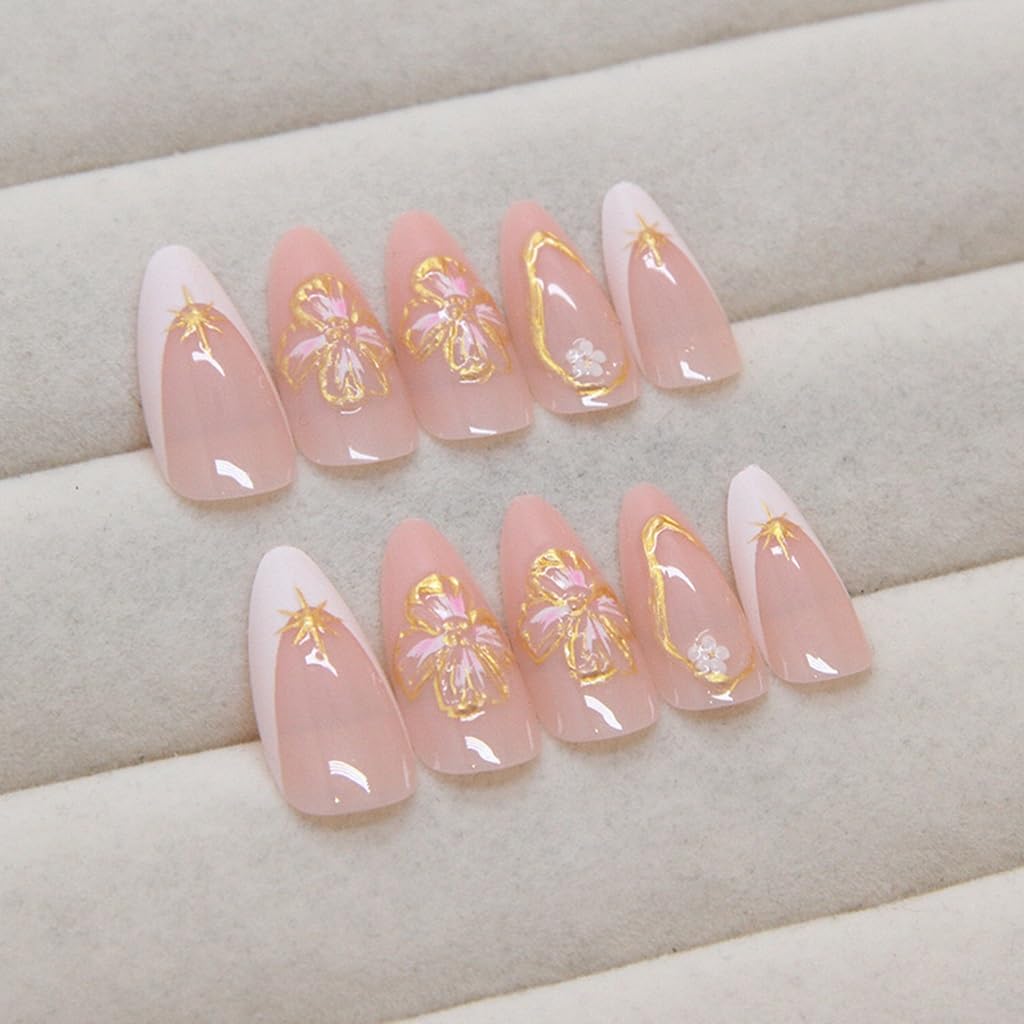 Medium Press on Nails Almond Fake Nails French Tip False Nails with Flower Design Glue on Nails Gold Stripe Full Cover Stick on Nails Elegant Artificial Acrylic Nails for Women Manicure 24Pcs - Image 4