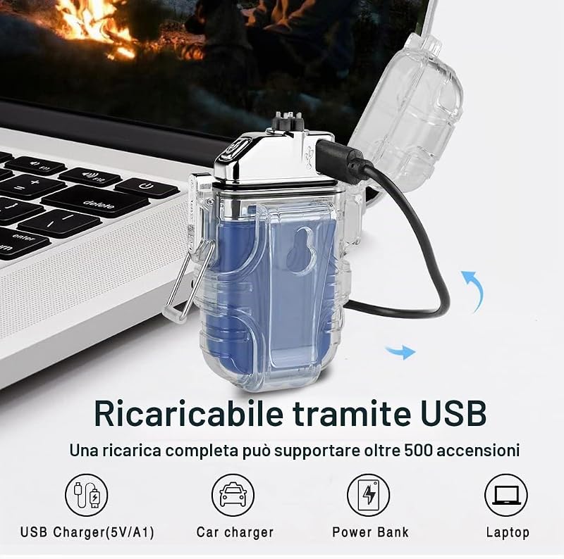 Accendino luminoso impermeabile, 3 modalità, torcia, antivento, doppio arco, accendino elettrico ricaricabile, accendino al plasma Dual Arc con fischietto di emergenza per la sopravvivenza e