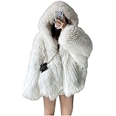 Tinhulf Short White Women's Fashion Faux Fur Coat Soft Overcoat Fluffy Fur Jacket Outwear Sweater With Hat