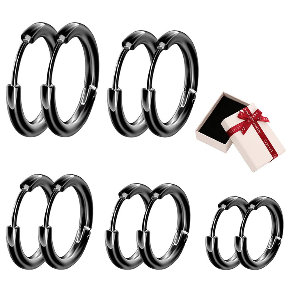 Xihuimay 5 Pairs Titanium Steel Earrings Round Wire Hooks Loop Drop Dangles Set 16mm Huggie Hoop Leverback Cartilage Tragus Lever Earrings Post for Women Men, Black