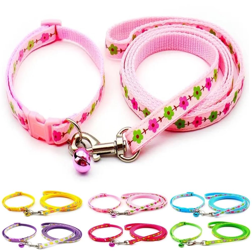 Small Dog Puppy Pet Collar and Lead Set Flower Design Nylon Adjustable Size 19-32cm Collar with Bell and 120cm Leash Pink