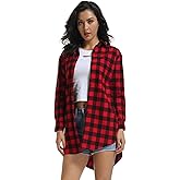 Women's Button Down Plaid Flannel Shirt Mid Long Fitted Fall Shirts High Low Tops