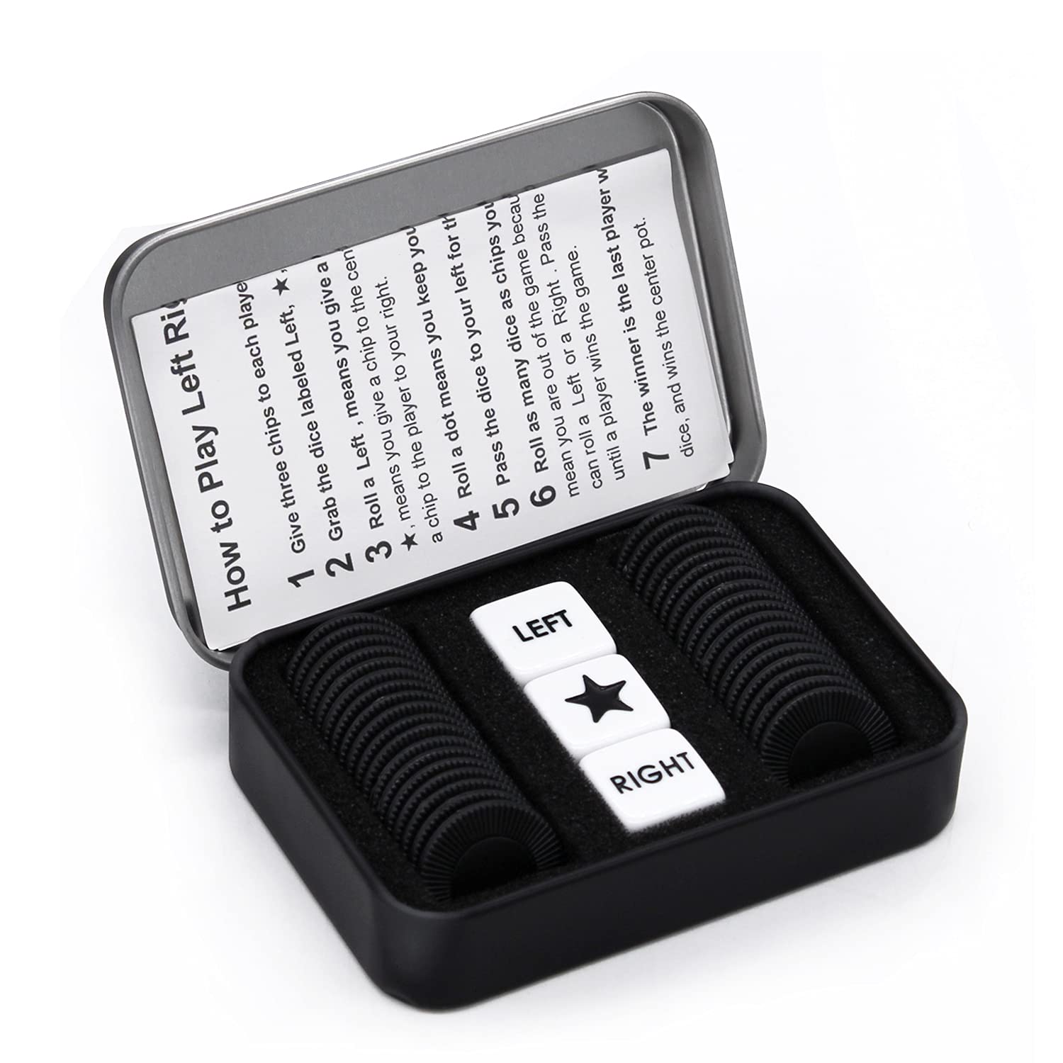 Bilywey Left Right Center Dice Game Set with 3 Dices + 36 Black Chips (Black)