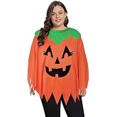Plus Size Pumpkin Costume Women, Halloween adult pumpkin costume for women | One-Size Fits Most, Pumpkin Poncho With A 360&deg; Green Leaf Collar For Teachers, Work Parties And Easy Halloween Costumes