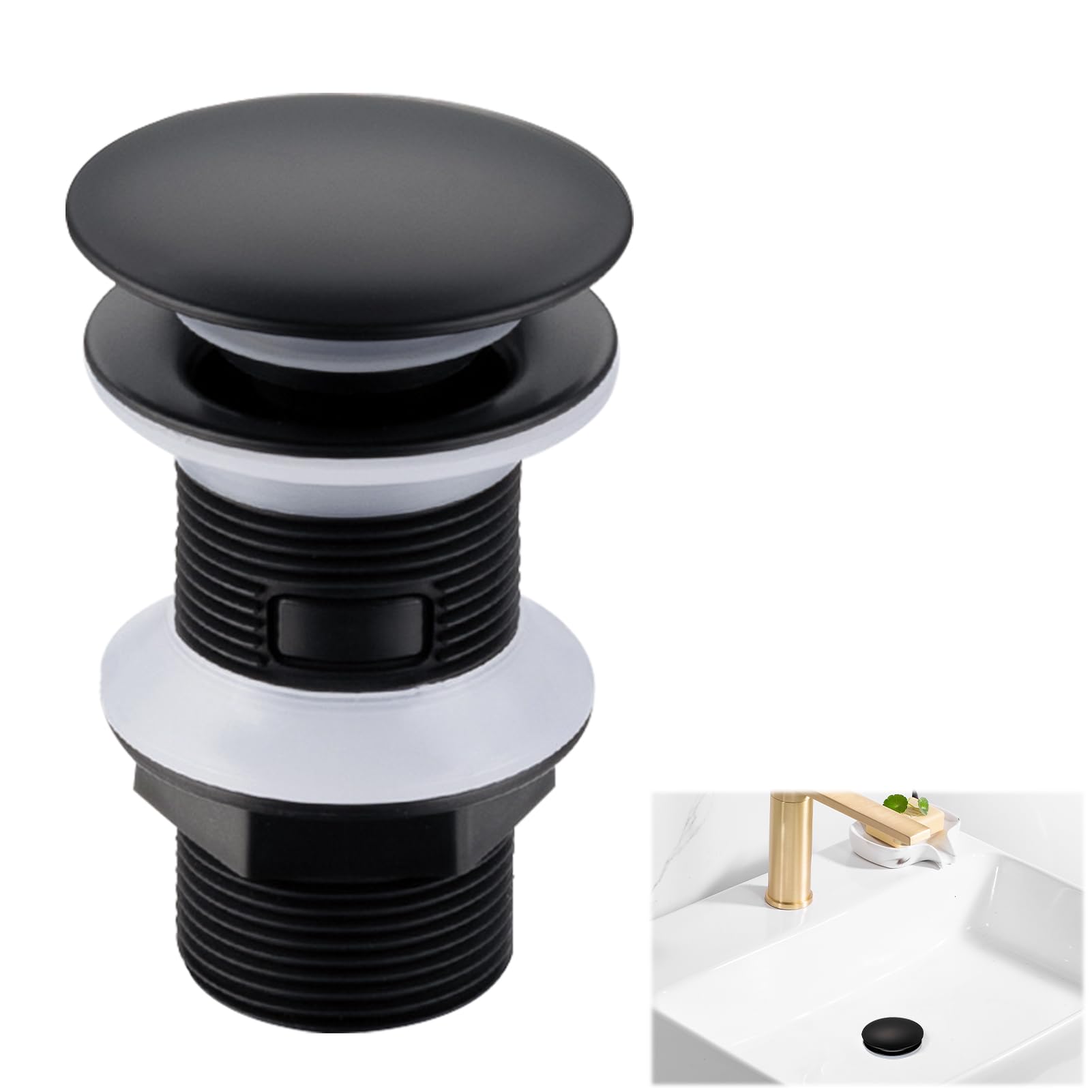 Bathroom Sink Waste Unslotted Pop Up Basin Waste, Click Clack Basin Waste Unslotted, Matt Black Pop Up Brass Sink Waste, for Washbasin Sink Tap Bathroom, Without Overflow (Dome)