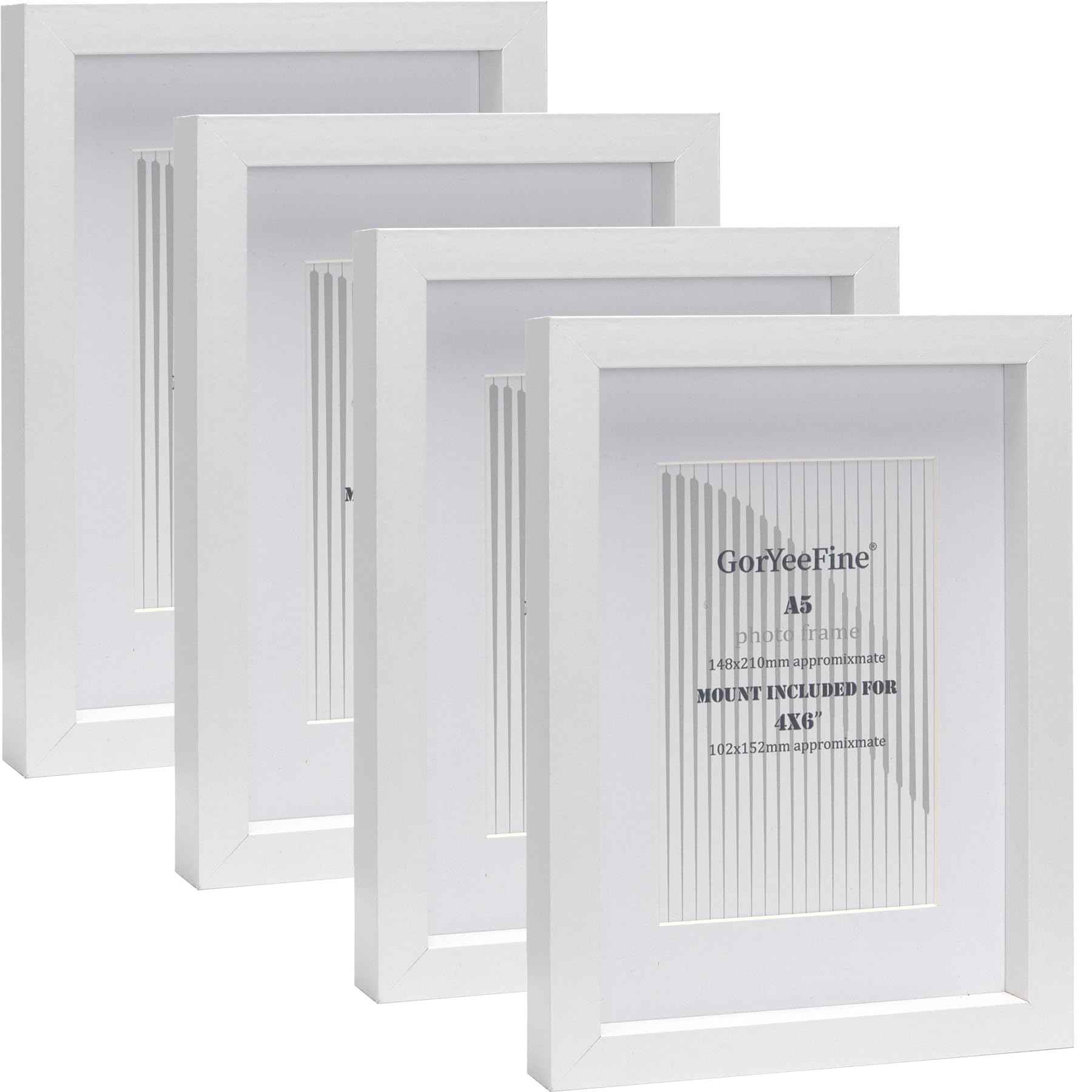White A5 wooden Photo Frame Set of 4 with Mount for 4X6, Boxed Gallery Picture Frames A5 4Pack,4X6 inch 4Pack Oxford Modern Thin Picture Frame With Glass Window for Tabletop or Wallmounted