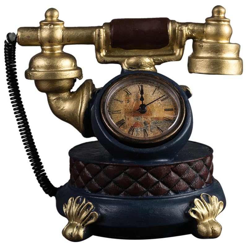 EXCEART Retro Resin Telephone Model with Clock 7 Inch Vintage Desk Ornament for Home Office Bookshelf and Photo Prop Decoration
