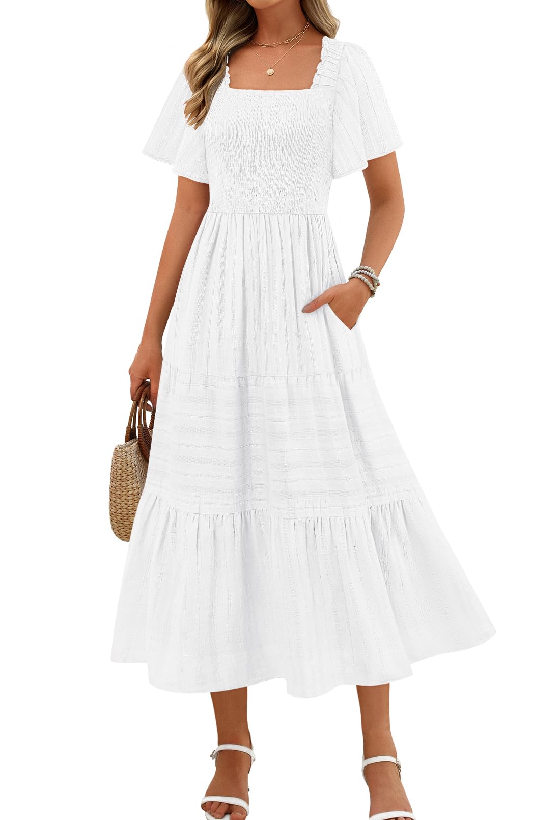 Photo 1 of MEROKEETY Women's 2025 Summer Flowy Midi Maxi Dress Short Sleeve Square Neck Smocked Tiered Ruffle Boho Dresses with Pockets, White, Medium