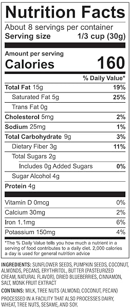 NUTRAIL NUT GRANOLA CEREAL, BLUEBERRY CINNAMON, NO SUGAR ADDED, KETO, LOW CARB, GLUTEN FREE, GRAIN FREE, HEALTHY BREAKFAST 8 OZ. 1 COUNT
