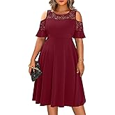 Plus Size Cocktail Dress - Graduation Cold Shoulder Lace Midi Dresses with Pockets
