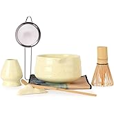VONAHAST Japanese Matcha Whisk Set - 7-Piece Kit Bamboo Chasen, Ceramic Bowl with Spout, Stainless Steel Sifter & Holder Yellow