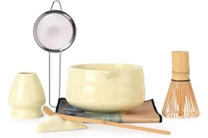 VONAHAST Japanese Matcha Whisk Set - 7-Piece Kit Bamboo Chasen, Ceramic Bowl with Spout, Stainless Steel Sifter & Holder Yellow