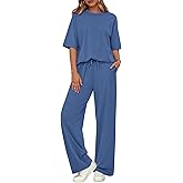 BTFBM Summer Outfits For Women 2026 Two Piece Sets Casual Short Sleeve Spring Tops Wide Leg Pants Matching Lounge Set