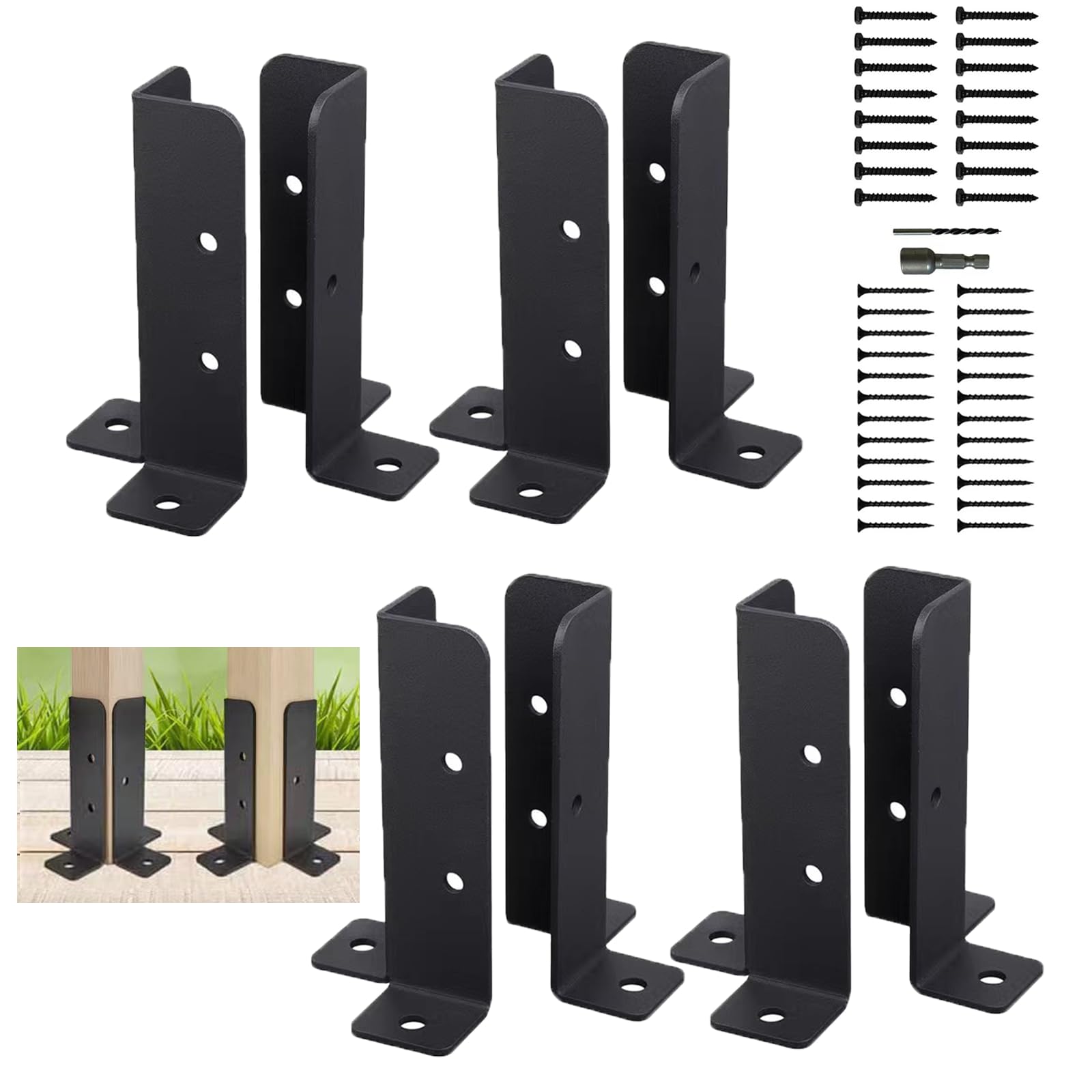 WIRSHO 8 PCS Adjustable Wood Fence post brackets Fits 1.5x1.5, 2x2, 2x4, 4x4 Post, Heavy Duty Post Base with Screws & Punch for Deck Railing Mailbox pergola brackets Repair Kit