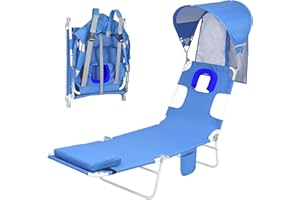 MINNDUDU Backpack Beach Tanning Chair with Canopy Sun Shade & Face Hole, 6 Position Folding Lounge Sun Chair for Adults Outside Reading Sunbathing Poolside Camping Lawn, UPF 50+, Patent Design