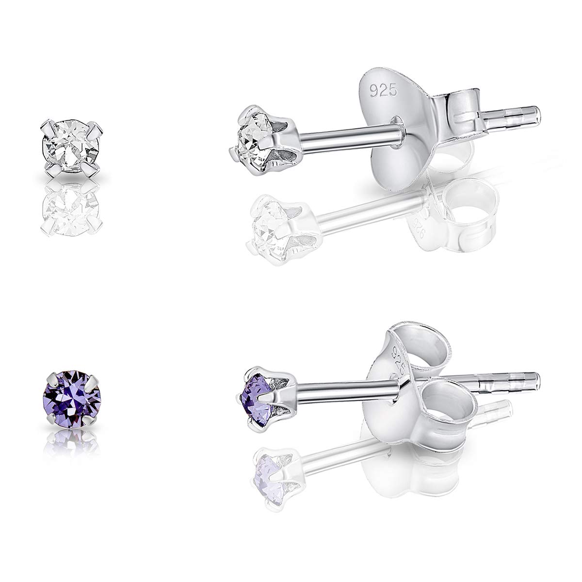 DTPSilver - Set of 2 PAIRS of 925 Sterling Silver Round TINY Stud Earrings made with Glittering Crystals from Swarovski® Elements - Diameter: 2 mm - Colour : Tanzanite