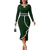 Women's Church Dresses Long Sleeve Work Business Party Dress Bodycon Vintage Wrap Ruffle Midi Pencil Dress