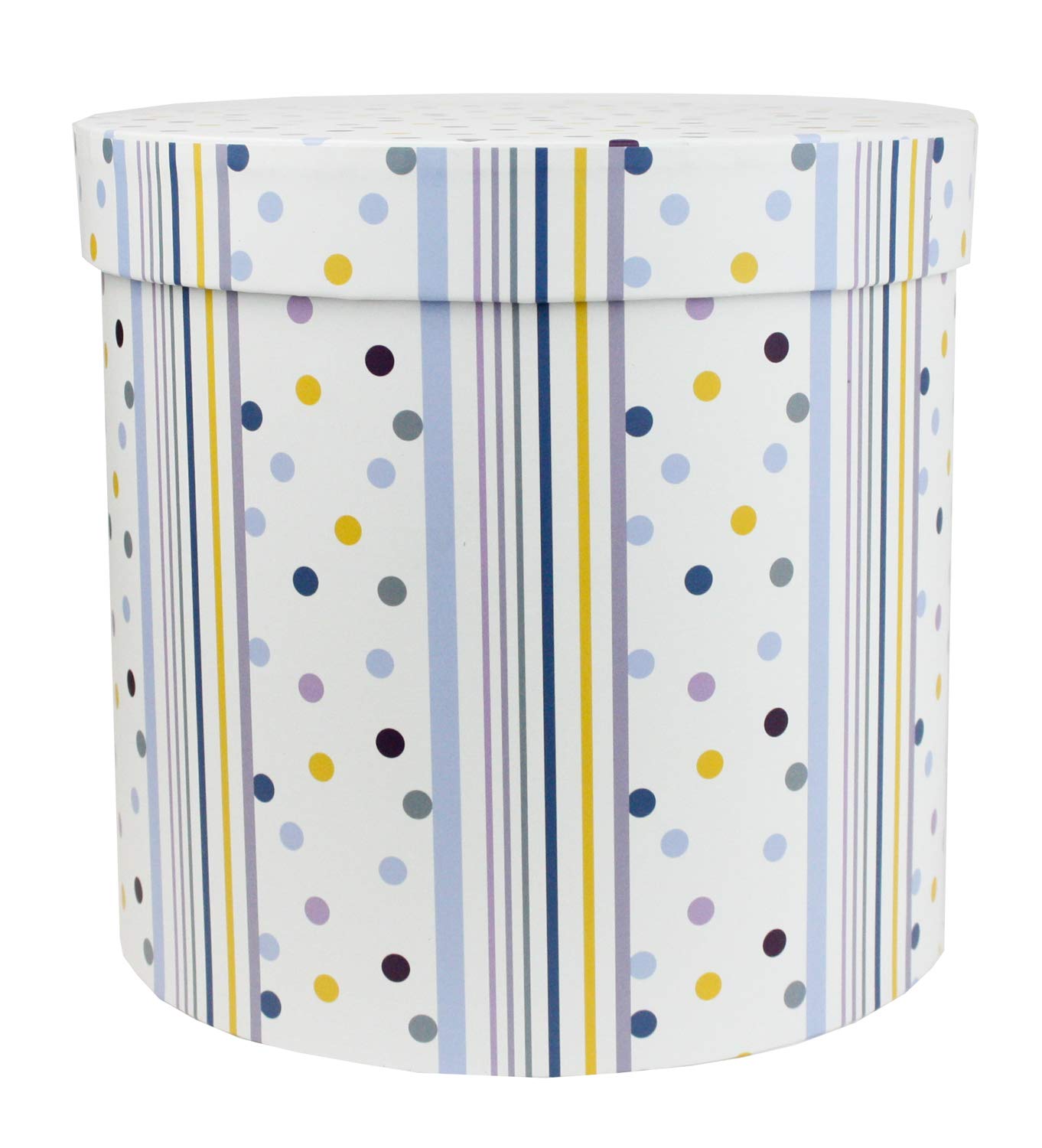 Emartbuy Rigid Luxury Hat Round Presentation Gift Box, 17 cm x 16.2 cm, White Box with Blue Yellow Grey Polka Dots and Stripes with Chocolate Brown Interior