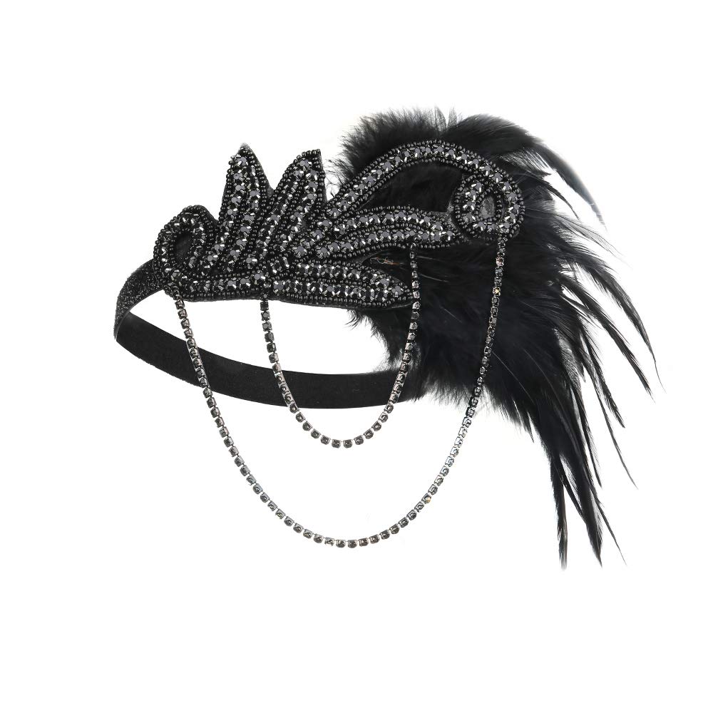 JISEN 1920s Flapper Vintage Feather Gatsby Crystal Headpiece Black1