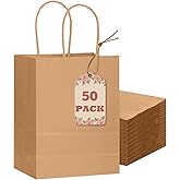 qiqee 50-Packs Brown Paper Gift Bags with Handles Bulk 8.3"x3"x 6" Small Size Paper Bags Multiple Uses(Small Size)