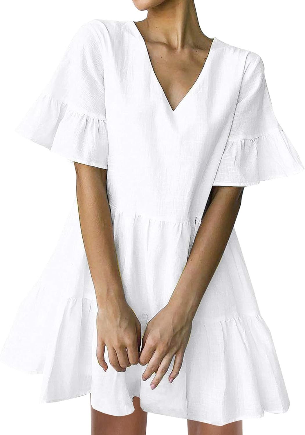 FANCYINN Women’s Cute Shift Dress with Pockets Fully Lined Bell Sleeve Ruffle Hem V Neck Loose Swing Tunic Mini Dress at  Women’s Clothing store