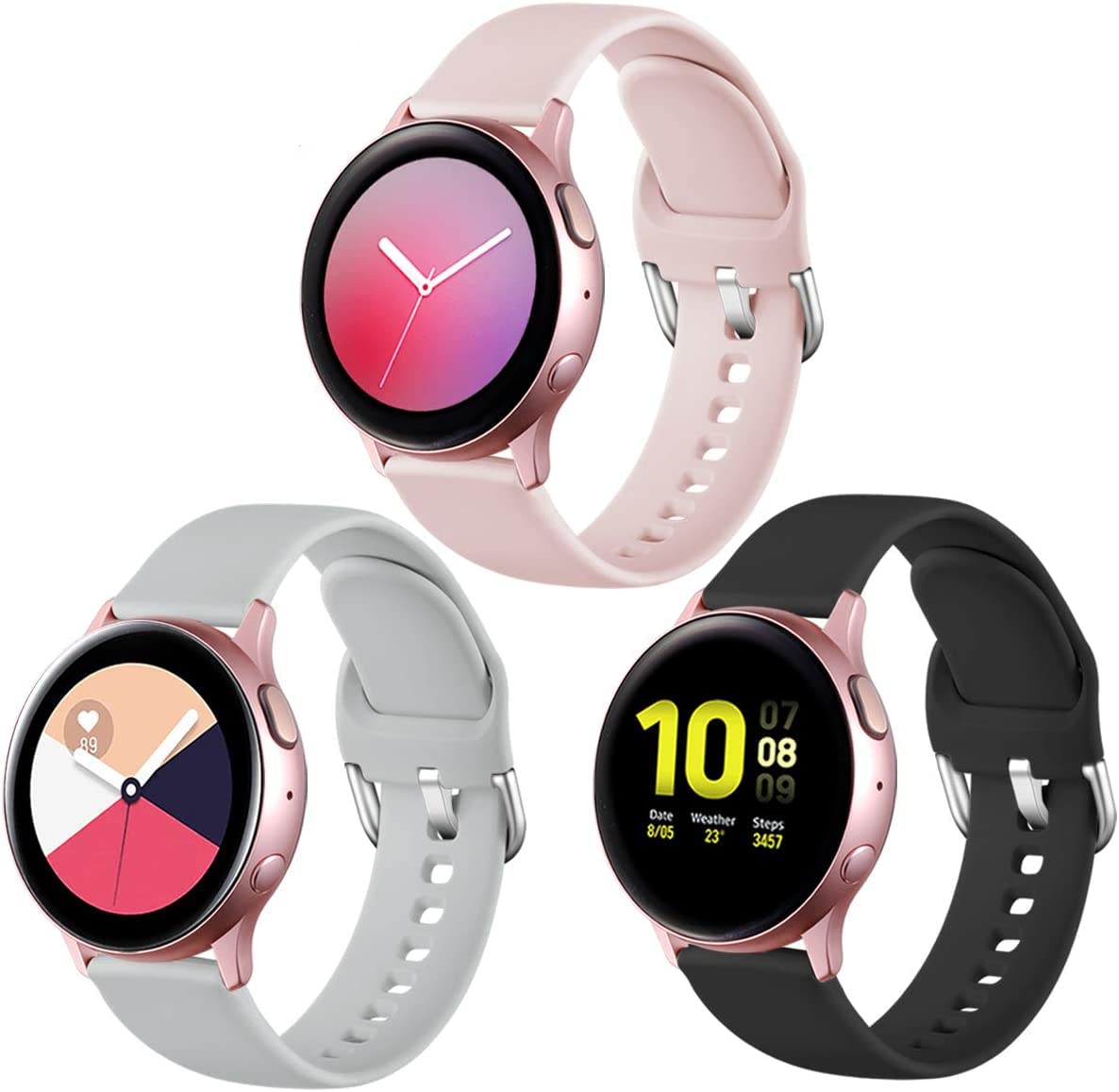 Lerobo Compatible with Samsung Galaxy Active 2 Watch Bands 40mm 44mm, Galaxy Watch Active Bands, Galaxy Watch bands 42mm, 20mm Silicone Sport Strap,3 Pack,Small,Pink Sand,Gray,Black